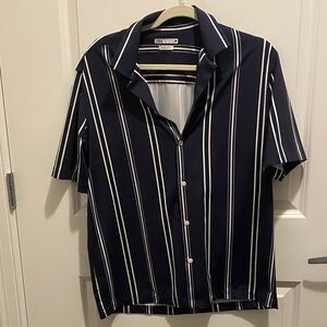 Zara Men's Dark Blue and White Striped Shirt